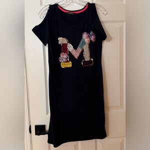 Stylish Cold Shoulder Navy Cotton Dress with Colorful Embellishments